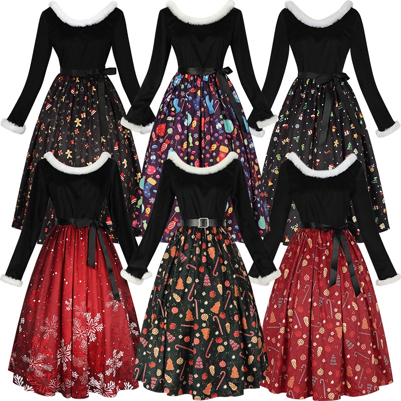 圣诞节万圣节cos服圣诞节主题印花连衣裙家庭氛围派对活动扮演服