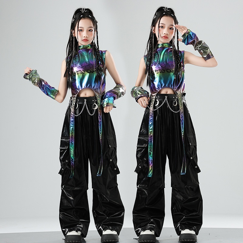 女童爵士舞服装皮裤少儿街舞潮服亮片jazz女孩绿色科技走秀表演服