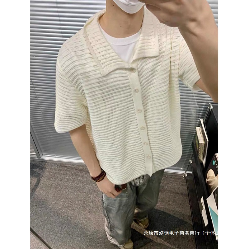 老钱风针织镂空短袖衬衫男夏季潮流休闲宽松复古韩系穿搭衬衣