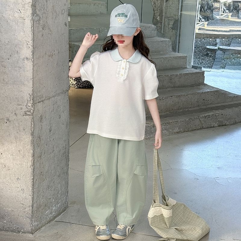 女童POLO短袖套装2025新款夏季洋气儿童时髦T恤弯刀裤休闲两件套