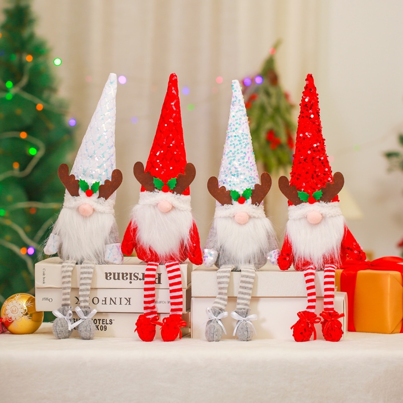 新款跨境圣诞装饰亮片鹿角帽无脸鲁道夫毛绒公仔儿童礼物摆件