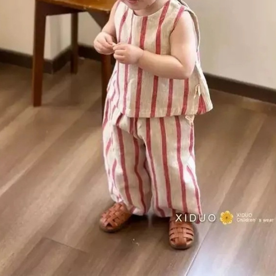 夏季女童套装宝宝洋气儿童个性潮韩版清新拼色条纹棉麻背心