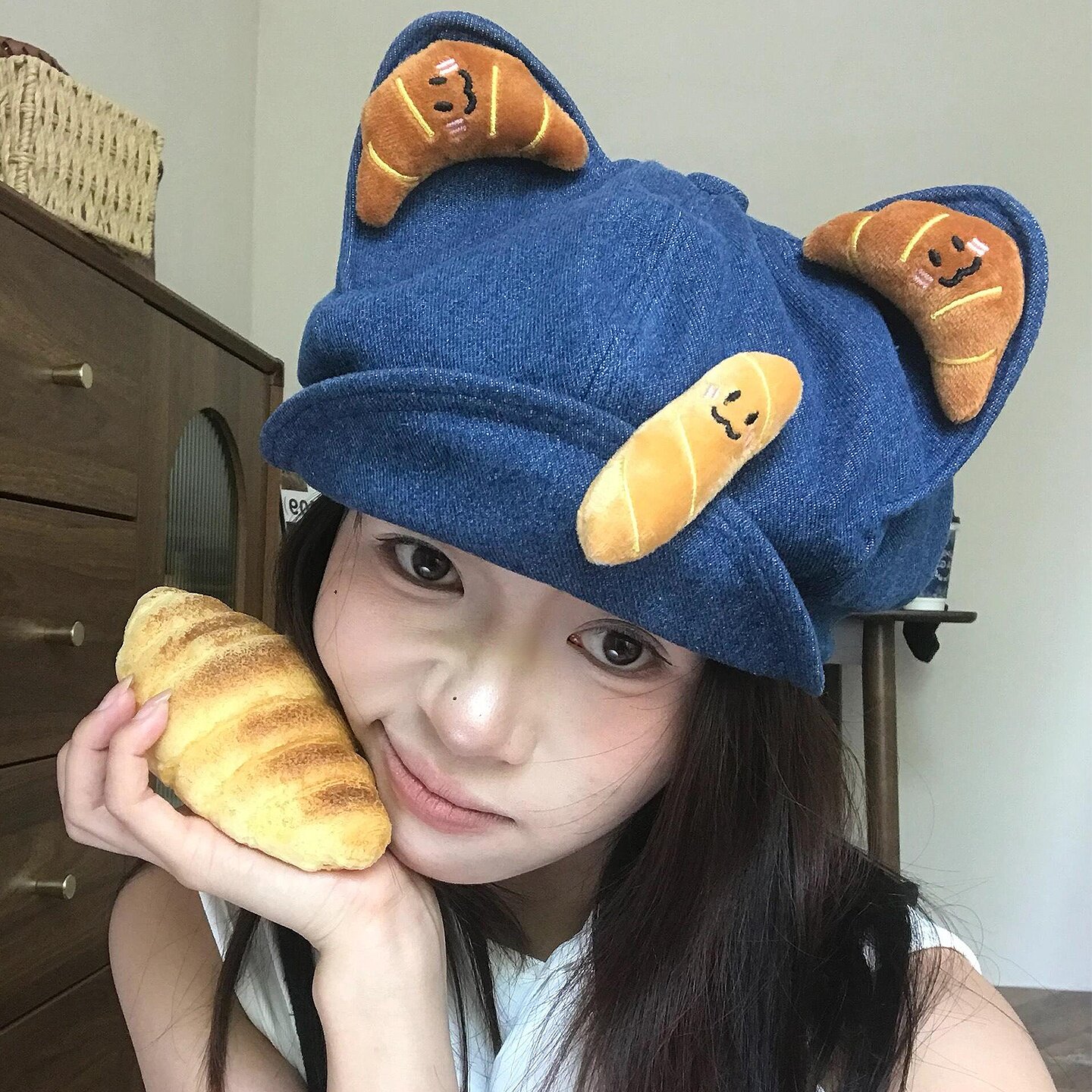 卡通猫耳朵贝雷帽蓝色牛仔