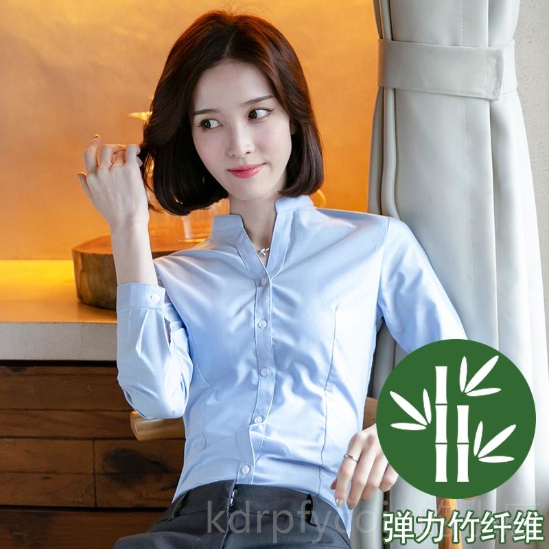 正品立领白衬衫女长袖新款设小计感职业工作服工装V领女白士色众
