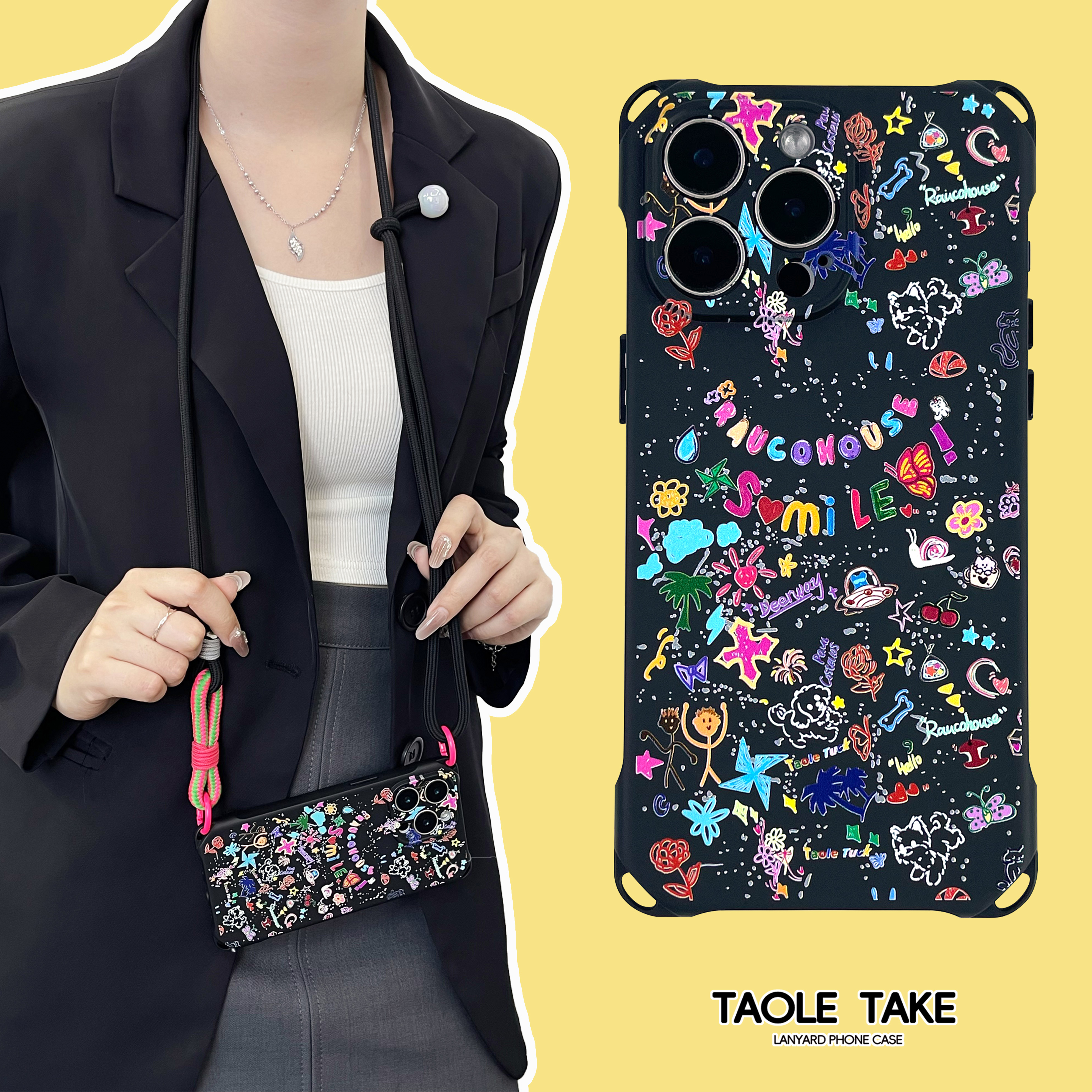 彩色涂鸦黑色防摔硅胶挂绳手机壳