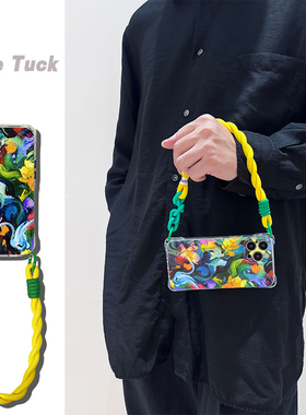 适用华为苹果17Promax小众彩色扭曲油画透明软壳小米15/14promax防摔斜挎艺术新款手腕mate70pro挂绳手机壳