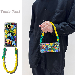 适用华为苹果16Promax小众彩色扭曲油画透明软壳小米15 手腕mate70pro挂绳手机壳 14promax防摔斜挎艺术新款