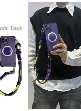 适用苹果紫色斜挎手机壳透紫iPhone15,16promax手机壳挂绳手机壳15Pro背带手机壳13P带磁吸气囊支架12新款
