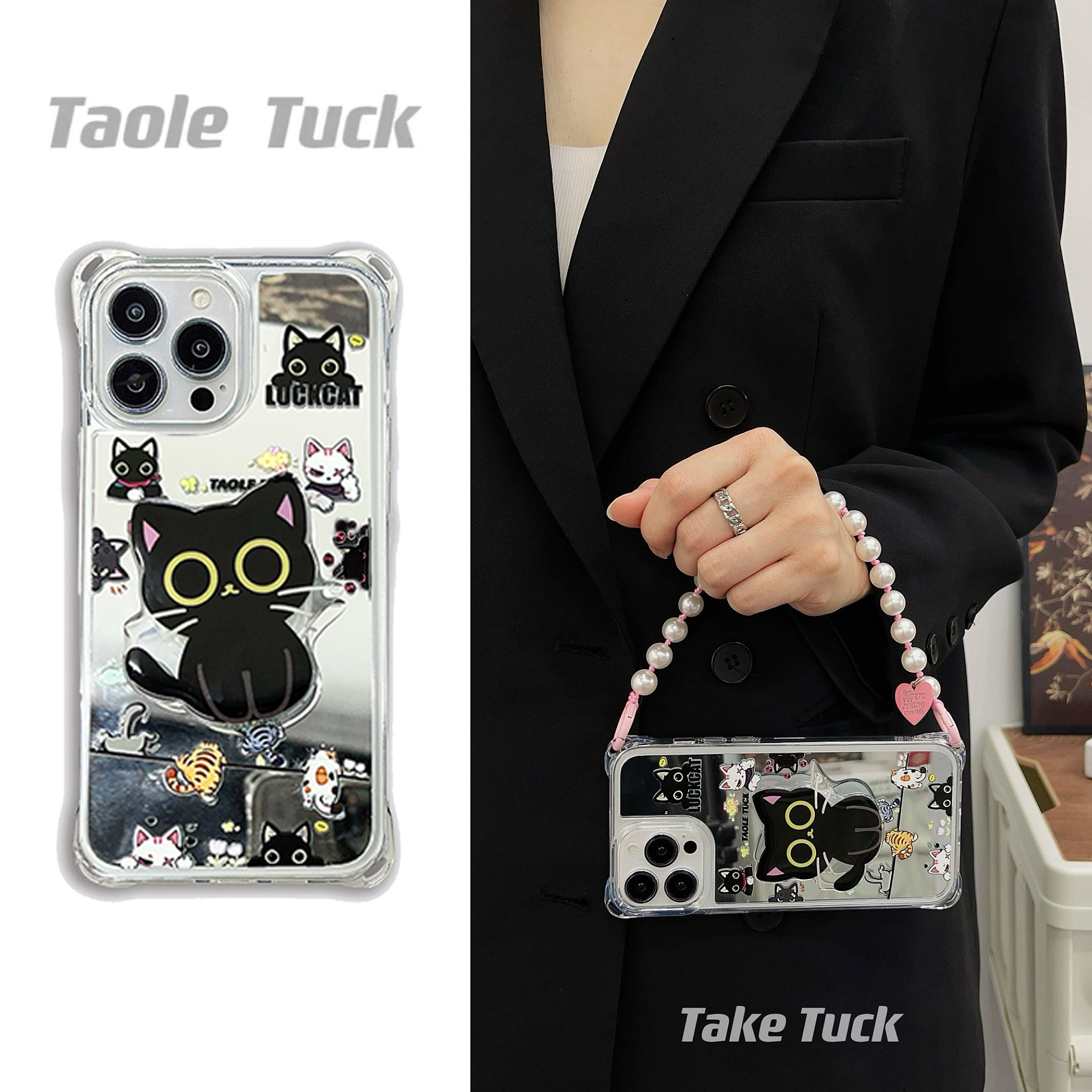 猫咪手机壳镜面斜挎挂绳苹果趣味