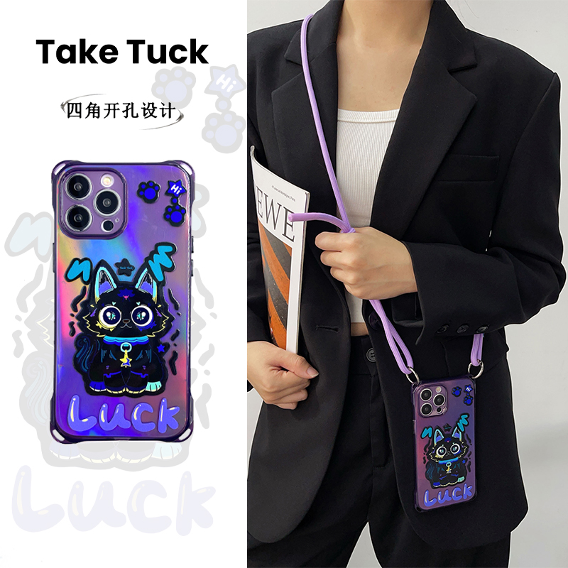 蓝黑猫咪斜挎挂绳手机硅胶软壳紫