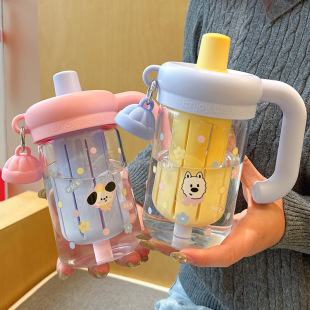 夏季 日本水杯玻璃杯女生泡茶杯2025新款 高颜值把手办公室可爱吸管