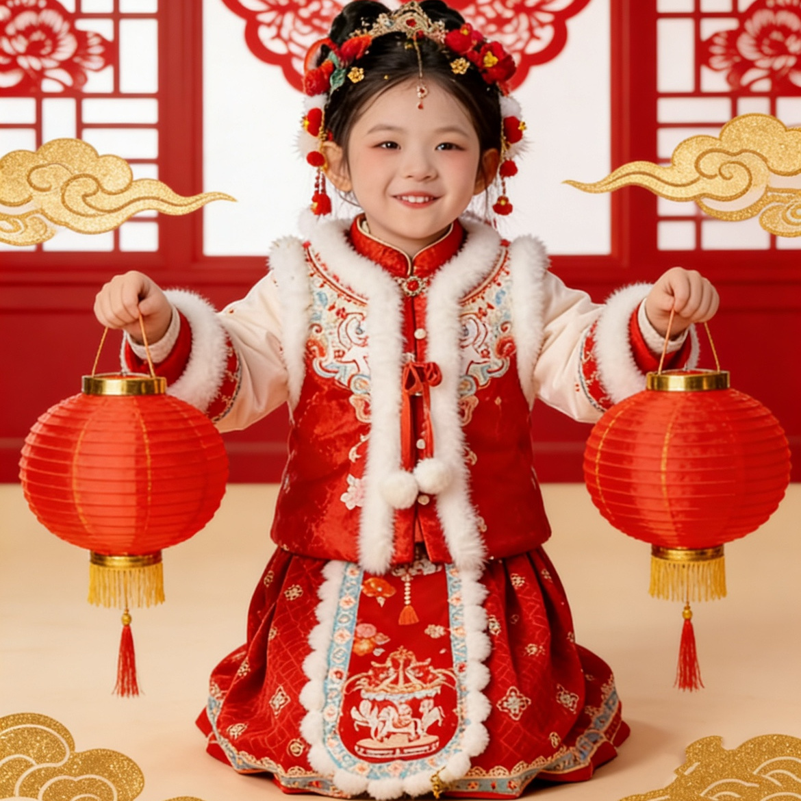 冬季新款粉色中国风儿童汉服套装