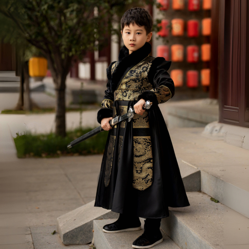2024年冬季兔毛新款男孩儿童唐装加绒加厚拜年服飞鱼服表演服