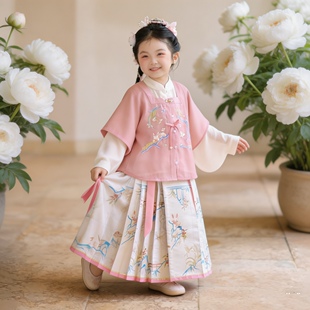春季新款女童明制簪花汉服马面裙上衣马面裙套装粉色刺绣传统服饰