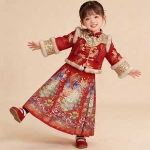 拜年服女童汉服马面裙秋冬加厚宝宝过年喜庆古装唐装套装儿童冬季