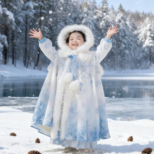 冰雪奇缘艾莎蓝色女童汉服冬款 加绒加厚古风超仙加绒连衣裙斗篷