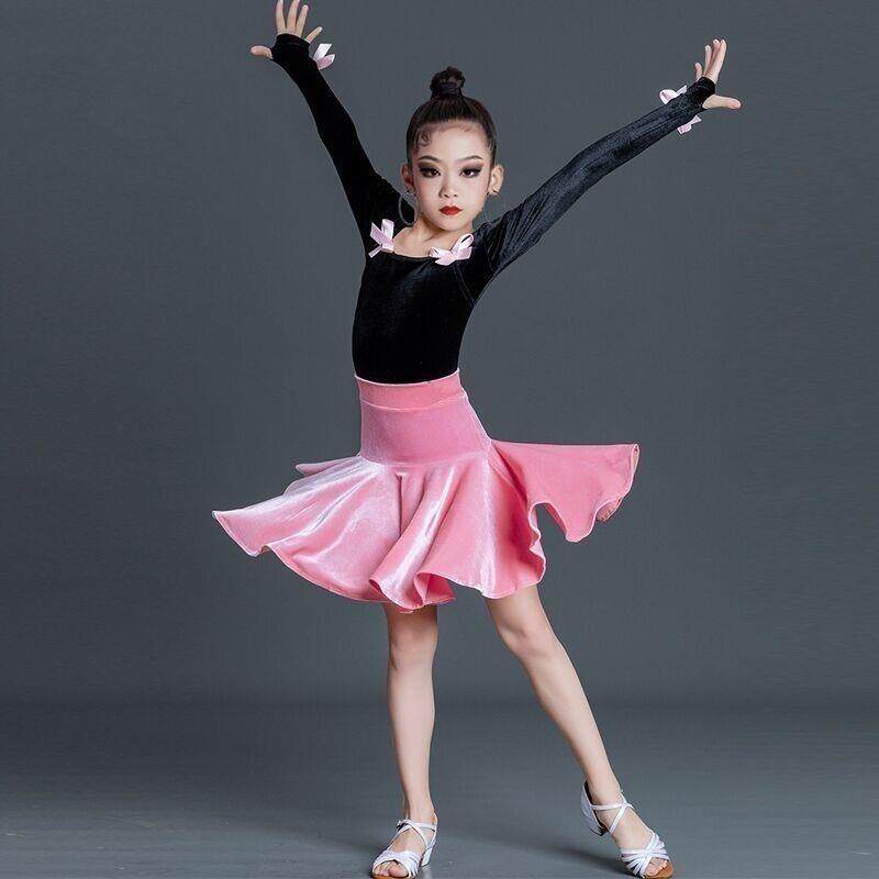 拉丁舞服冬装女童拉丁舞服装儿童女秋冬丝绒练功服分体套装女童网