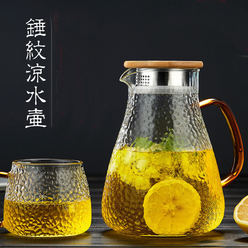 锤纹玻璃凉水壶 家用包钢盖果汁饮料壶 晾凉白开冷水壶高硼硅扎壶