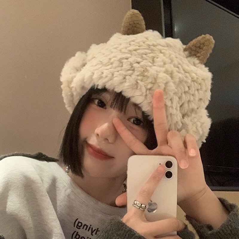 小羊帽子女秋冬季韩版可爱毛绒雷锋帽显脸小保暖加厚护耳帽大头围