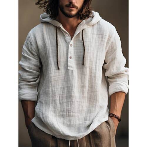 Cotton Linen Shirt Hoodie Long Sleeve Hoodie MEN
