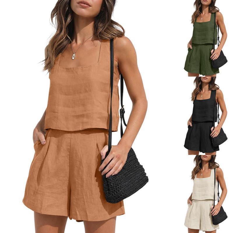 Women's casual set linen shorts sleeveless top vest