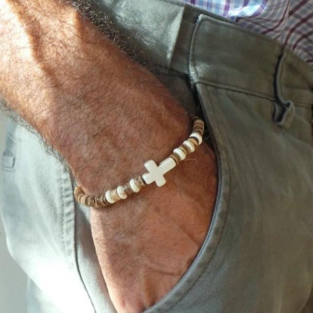 Cross Bracelet for Men椰壳木片松石十字架手链男嘻哈木头手环