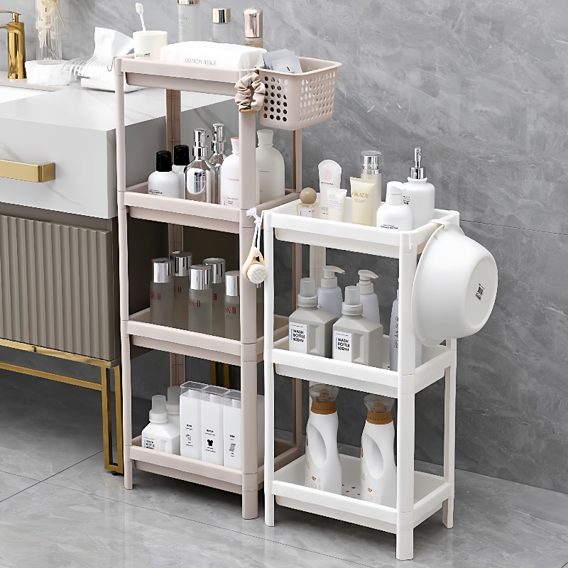 bathroom shelf, floor-mounted plastic toilet, multi-storey