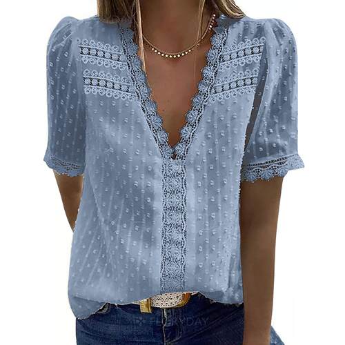 Solid V-neck Jacquard Short Sleeve Top女纯色V领提花短袖上衣