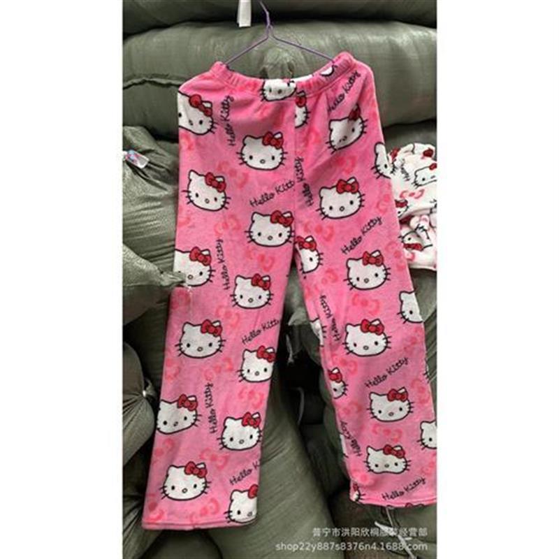 Cartoon T cat flannel pajama pants for womens coral