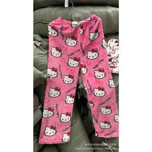 Cartoon T cat flannel pajama pants for womens coral