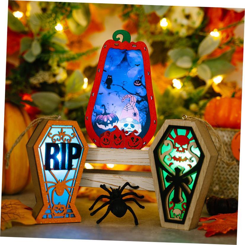 Halloween Decoration Pumpkin Spider Human Skull Wooden Box