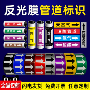国标管道流向指示箭头标识贴聚乙烯反光膜色环标签贴纸化工厂消防进水回水自来水压缩空气蒸气天然气管路定制
