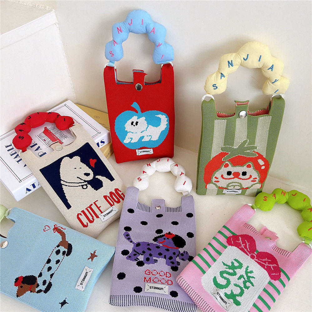 苹果针织手机包糖果色手柄迷你零钱包购物袋少女时尚单肩斜挎