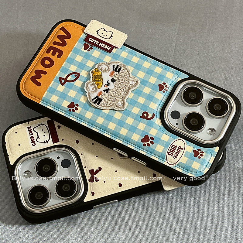 可爱卡通立体刺绣猫咪适用苹果16Promax手机壳情侣iphone15pro新款14小众女14Pro硅胶13皮质16创意全包防摔11