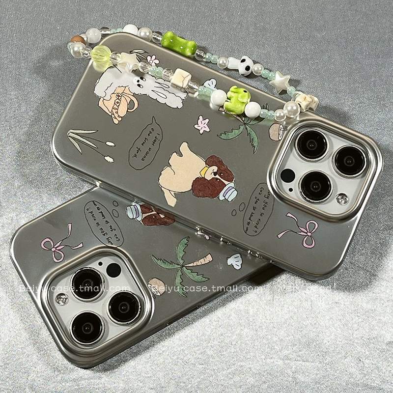 ins简约卡通插画兔子小狗适用苹果16Promax手机壳iphone15pro新款14小众女14pro硅胶13带链条16pro创意15全包