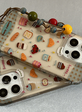 秋冬可爱卡通面包插画适用苹果16Promax手机壳带挂绳iphone15pro新款14小众女14pro硅胶13创意16pro趣味全包