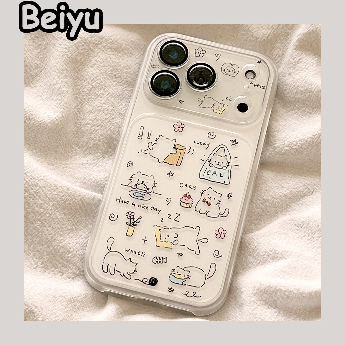 可爱卡通涂鸦线条猫咪适用苹果17Promax手机壳iphone16pro新款14小众14pm带镜头膜15pm硅胶17pro女14pro全包