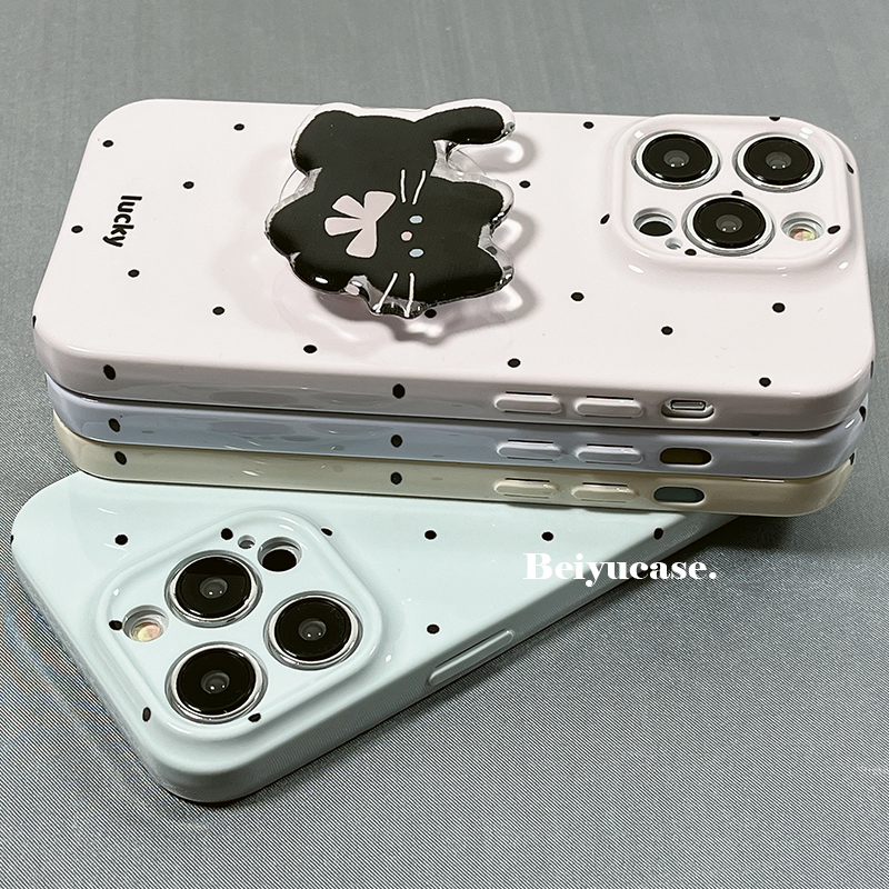 可爱简约波点猫咪适用苹果15promax手机壳带支架iPhone14新款15pro小众11网红13女12硅胶14pro高级全包防摔套
