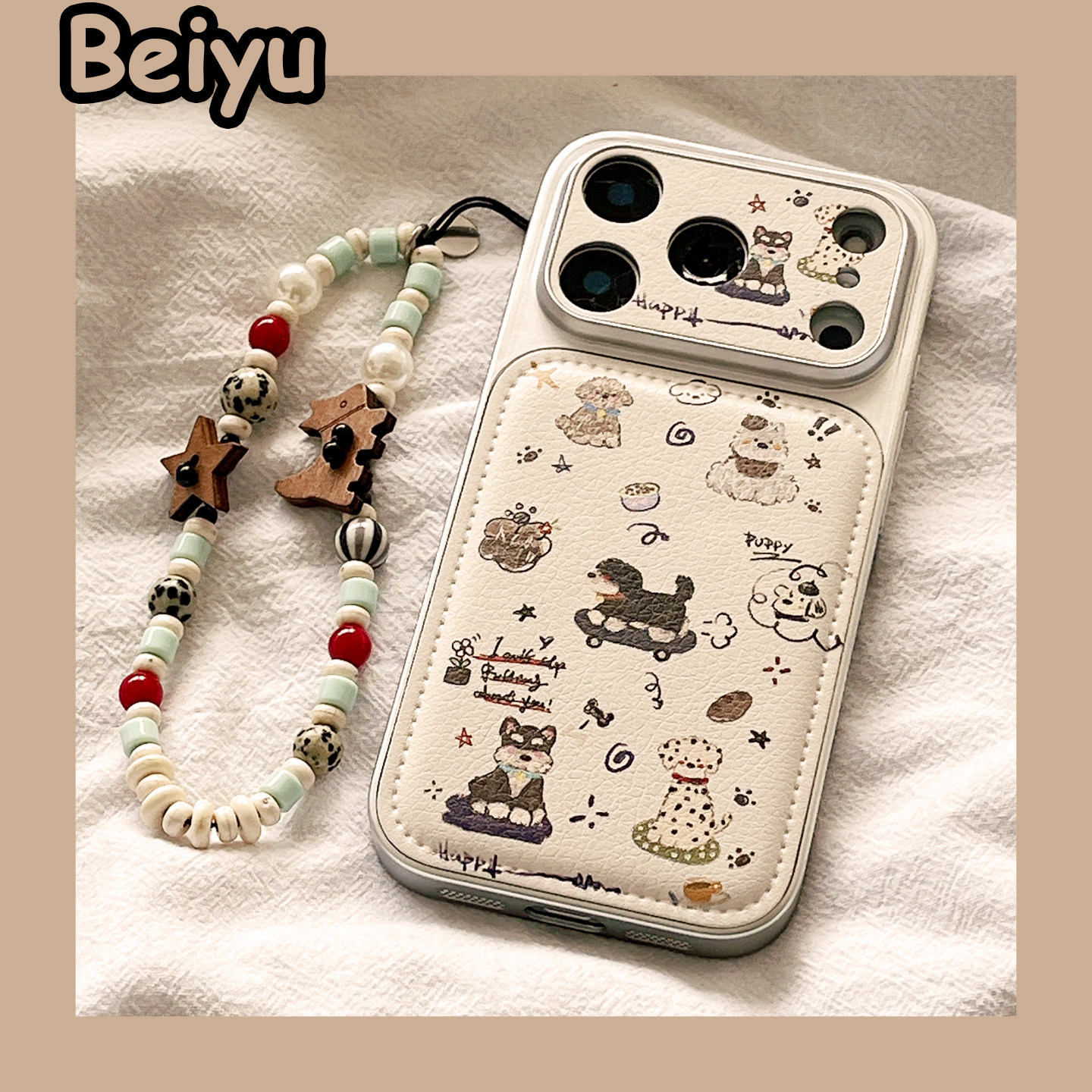 皮质可爱卡通涂鸦滑板小狗适用苹果17Promax手机壳iphone16pro新款14小众16pm带链条15pm硅胶17pro全包保护套