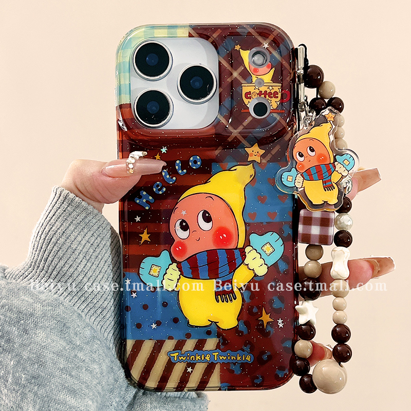 复古格纹拼接可爱星星人适用苹果17Promax手机壳iphone16pro新款15pro小众女14带链条13硅胶15创意17pro全包