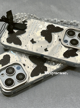 ins高级感水波纹黑色蝴蝶适用苹果15promax手机壳带链条iPhone14新款15pro小众11双层13女12创意14pro防摔套