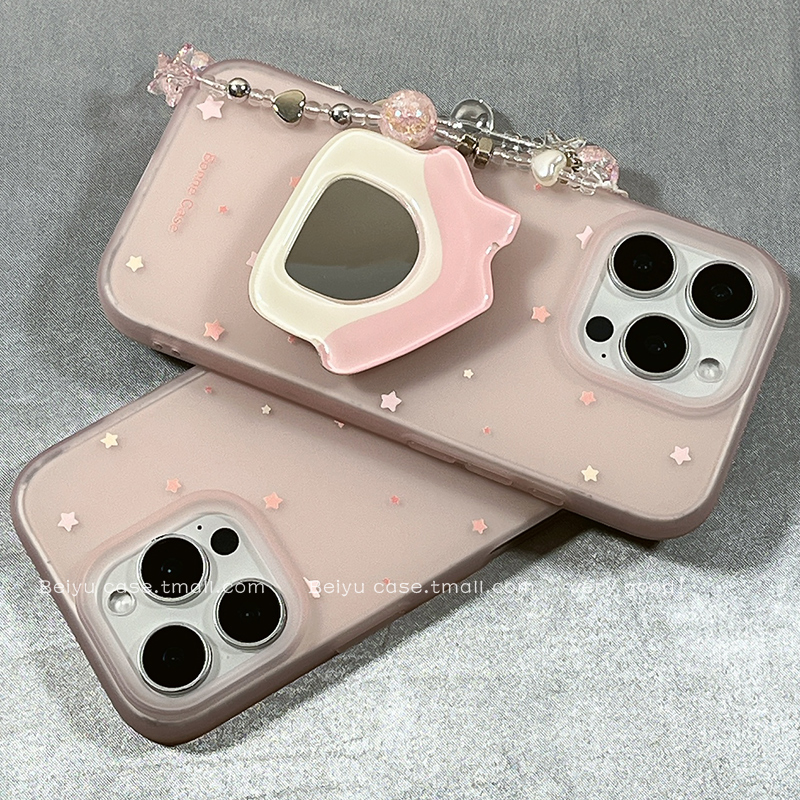 可爱粉色少女镜面房屋支架适用苹果16Promax手机壳iphone15pro新款14小众14pro硅胶13带链条16pro网红12全包