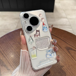 送DIY滴胶贴纸 60男女硬套4 适用于华为pura70pro 轻薄透明p80全包镜头立体雪人mate70情侣款 手机壳新款