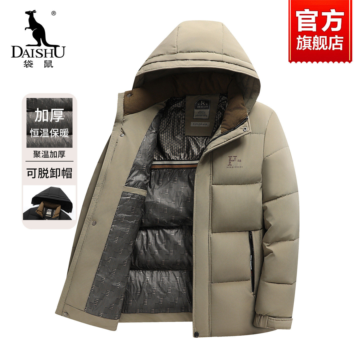 袋鼠男士棉服冬季新款加厚保暖可脱卸连帽棉衣中老年爸爸冬装外套