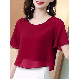 薄款雪纺衫上衣女2026年夏装新款妈妈气质百搭遮肚子短袖t恤小衫