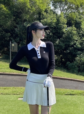 韩国FL高尔夫球女装秋冬针织polo衫长袖golf网球短裙运动套装高端