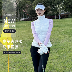 韩版高尔夫球女士冬款羽绒服保暖马甲golf运动高腰开叉喇叭裤套装