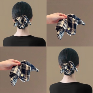 文艺复苏！秋冬格纹撞色方巾发圈！纽扣蝴蝶结复古发饰旅行发卡女