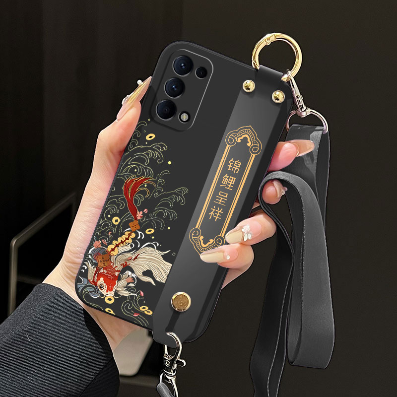 适用oppoReno5k手机壳reno5pro+/reno5pro/reno5液态腕带支架软壳PEGM10中国风吉祥锦鲤好运全包直边斜跨背带