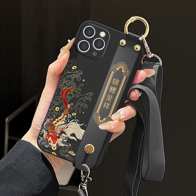 适用iPhone苹果11pro手机壳11液态腕带支架软壳11promax中国风A2217吉祥锦鲤好运全包直边斜跨背带保护套防摔